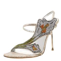 Loriblu Metallic Beige Suede Crystal Embellished Slingback Sandals Size 38