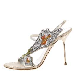 Loriblu Metallic Beige Suede Crystal Embellished Slingback Sandals Size 38