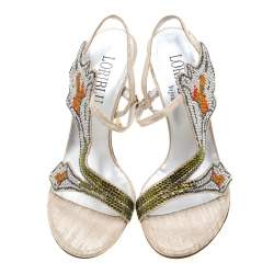 Loriblu Metallic Beige Suede Crystal Embellished Slingback Sandals Size 38