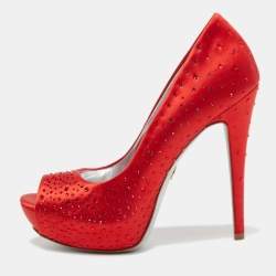 Pre Owned Loriblu Red Crystal Embellished Satin Peep Toe Pumps Size 38