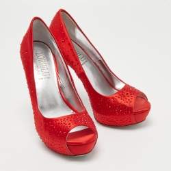 Pre Owned Loriblu Red Crystal Embellished Satin Peep Toe Pumps Size 38