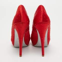 Pre Owned Loriblu Red Crystal Embellished Satin Peep Toe Pumps Size 38