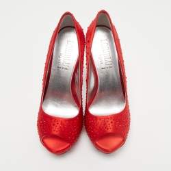 Pre Owned Loriblu Red Crystal Embellished Satin Peep Toe Pumps Size 38