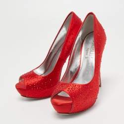 Pre Owned Loriblu Red Crystal Embellished Satin Peep Toe Pumps Size 38