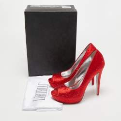 Pre Owned Loriblu Red Crystal Embellished Satin Peep Toe Pumps Size 38