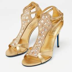 Loriblu Gold Leather Crystal Embellished Ankle Strap Sandals Size 38