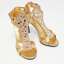 Loriblu Gold Leather Crystal Embellished Ankle Strap Sandals Size 38