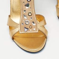 Loriblu Gold Leather Crystal Embellished Ankle Strap Sandals Size 38