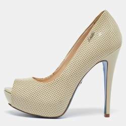 Loriblu Beige Perforated Patent Leather Peep Toe Platform Pumps Size 37