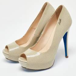 Loriblu Beige Perforated Patent Leather Peep Toe Platform Pumps Size 37