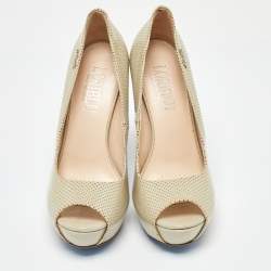 Loriblu Beige Perforated Patent Leather Peep Toe Platform Pumps Size 37