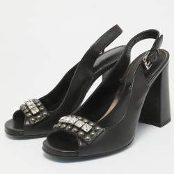 Loriblu Black Leather Crystal Embellished Peep Toe Slingback Pumps Size 40