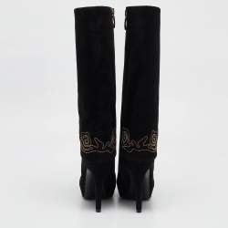 Pre Owned Loriblu Black Suede Cuff Embroidered Knee Length Boots Size 37.5