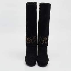 Pre Owned Loriblu Black Suede Cuff Embroidered Knee Length Boots Size 37.5