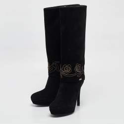 Pre Owned Loriblu Black Suede Cuff Embroidered Knee Length Boots Size 37.5
