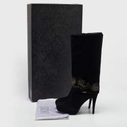 Pre Owned Loriblu Black Suede Cuff Embroidered Knee Length Boots Size 37.5