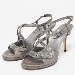 Loriblu Grey Satin Crystal Embellished Ankle Strap Sandals Size 36