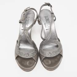 Loriblu Grey Satin Crystal Embellished Ankle Strap Sandals Size 36