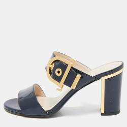 مملوكة مسبقًا Loriblu Navy Blue Patent Leather Slide Sandals Size 36