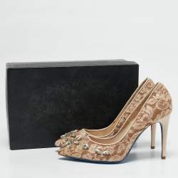 Loriblu Beige Lace Crystals Embellished Pointed Toe Pumps Size 38.5
