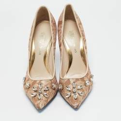 Loriblu Beige Lace Crystals Embellished Pointed Toe Pumps Size 38.5