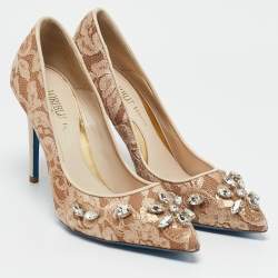 Loriblu Beige Lace Crystals Embellished Pointed Toe Pumps Size 38.5