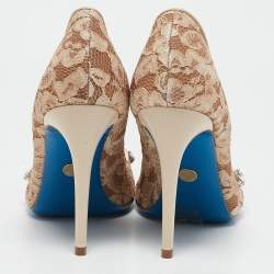 Loriblu Beige Lace Crystals Embellished Pointed Toe Pumps Size 38.5