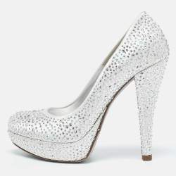 Loriblu Silver Satin Crystal Embellished Platform Pumps Size 36.5