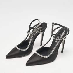 Loriblu Black Satin Crystals Embellished Ankle Strap Pumps Size 37