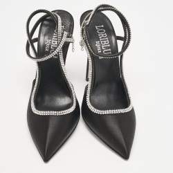 Loriblu Black Satin Crystals Embellished Ankle Strap Pumps Size 37