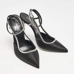 Loriblu Black Satin Crystals Embellished Ankle Strap Pumps Size 37