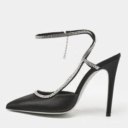 Loriblu Black Satin Crystals Embellished Ankle Strap Pumps Size 37