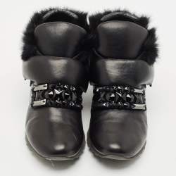 Loriblu Black Faux Fur and Leather Crystals Embellished Sneakers Size 41