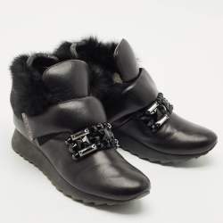 Loriblu Black Faux Fur and Leather Crystals Embellished Sneakers Size 41