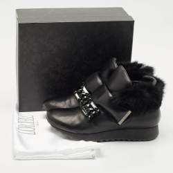 Loriblu Black Faux Fur and Leather Crystals Embellished Sneakers Size 41