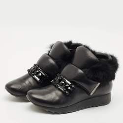 Loriblu Black Faux Fur and Leather Crystals Embellished Sneakers Size 41