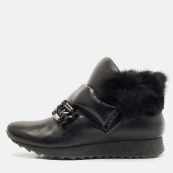 Loriblu Black Faux Fur and Leather Crystals Embellished Sneakers Size 41