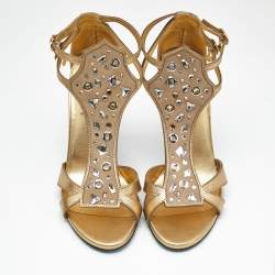Pre Owned Loriblu Gold Leather Crystal Embellished Ankle Strap Sandals Size 38