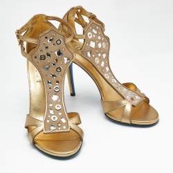 Pre Owned Loriblu Gold Leather Crystal Embellished Ankle Strap Sandals Size 38