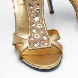Pre Owned Loriblu Gold Leather Crystal Embellished Ankle Strap Sandals Size 38