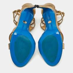 Pre Owned Loriblu Gold Leather Crystal Embellished Ankle Strap Sandals Size 38