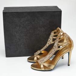 Pre Owned Loriblu Gold Leather Crystal Embellished Ankle Strap Sandals Size 38