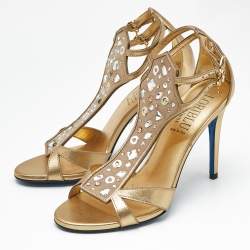 Pre Owned Loriblu Gold Leather Crystal Embellished Ankle Strap Sandals Size 38