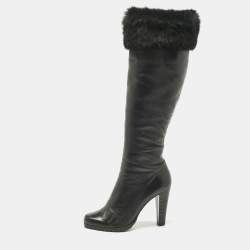Pre Owned Loriblu Black Rabbit Fur and Leather Knee Length Boots Size 40.5