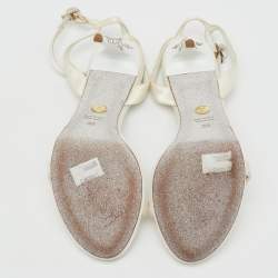 Pre Owned Loriblu White Satin Crystal Embellished Heel Ankle Strap Sandals Size 38