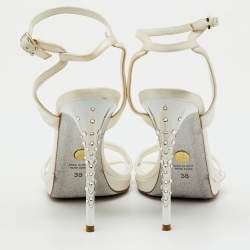 Pre Owned Loriblu White Satin Crystal Embellished Heel Ankle Strap Sandals Size 38