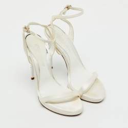 Pre Owned Loriblu White Satin Crystal Embellished Heel Ankle Strap Sandals Size 38