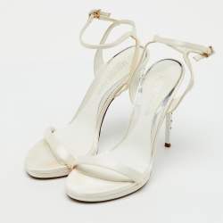 Pre Owned Loriblu White Satin Crystal Embellished Heel Ankle Strap Sandals Size 38