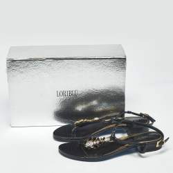 Pre Owned Loriblu Black Python Embossed Leather Crystal Embellish Thong Flats Sandals Size 38.5