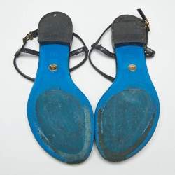 Pre Owned Loriblu Black Python Embossed Leather Crystal Embellish Thong Flats Sandals Size 38.5